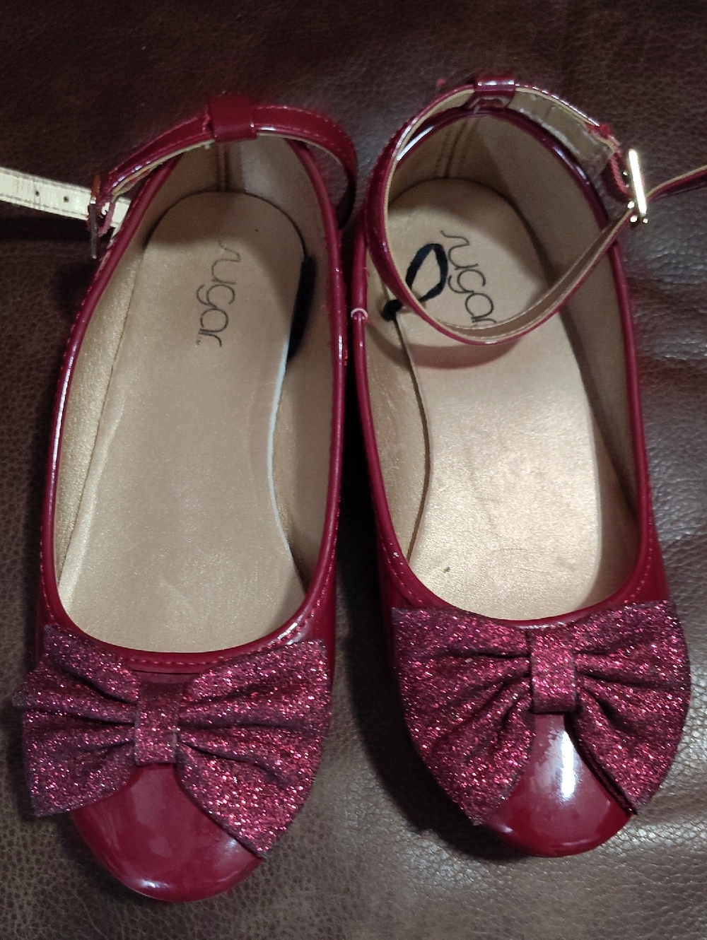 Sugar Girls' Glitter Bow Ankle-Strap Flats - Burgundy Red